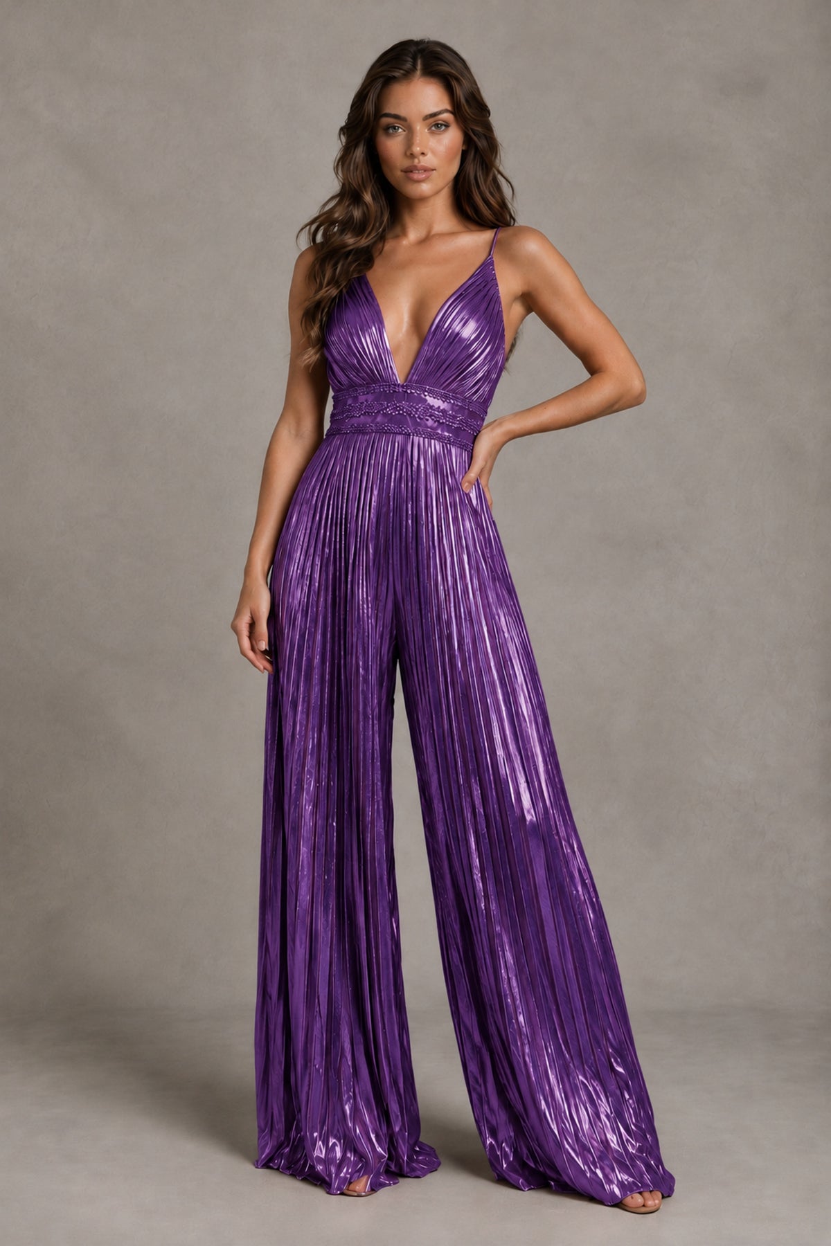 BOLODOO Purple Pleated Wide-Leg Jumpsuit with Open Back - Purple