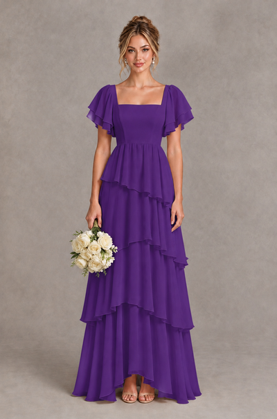BOLODOO Purple Square Neck Flutter Sleeve Tiered Chiffon Bridesmaid Dress with Lace-Up Back - Purple - Purple_1