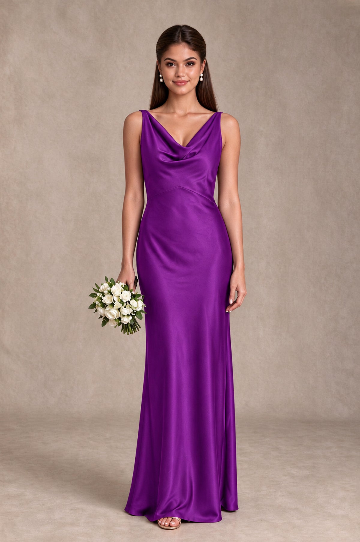 BOLODOO Purple Cowl Neck Open Back Satin Bridesmaid Dress - Purple - Purple_1