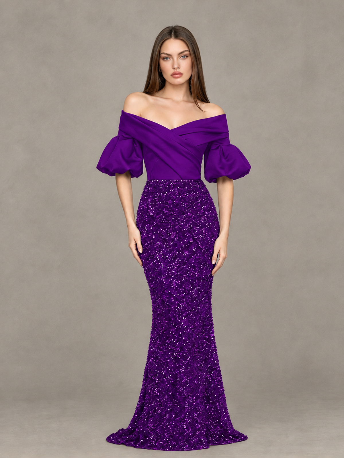 BOLODOO Purple Off-Shoulder Puff Sleeve Sequin Mermaid Evening Dress - Purple - Purple_1
