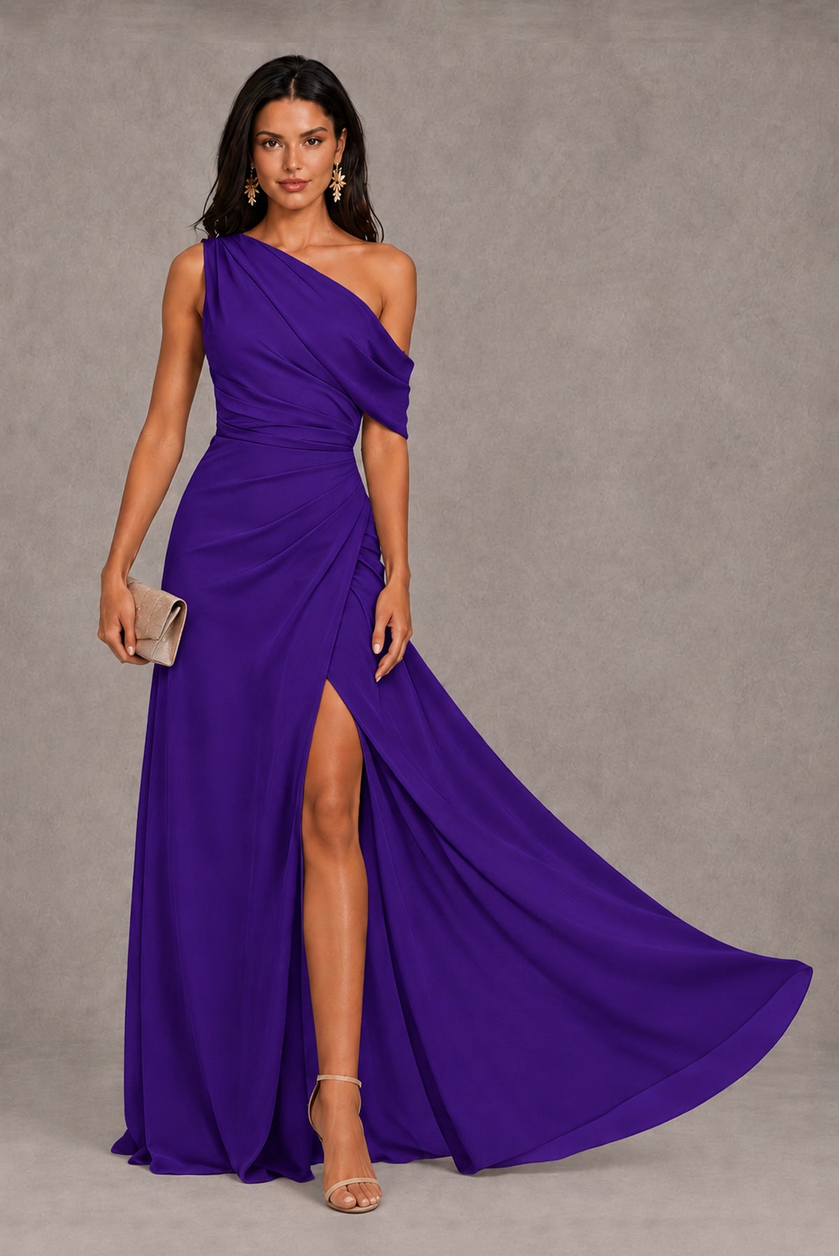 Purple One-Shoulder Floor-Length Evening Gown with High Slit - Purple