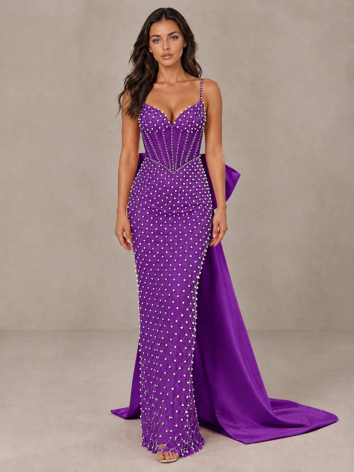 BOLODOO Purple Beaded Corset Prom Dress with Bow Train - Purple - Purple_1