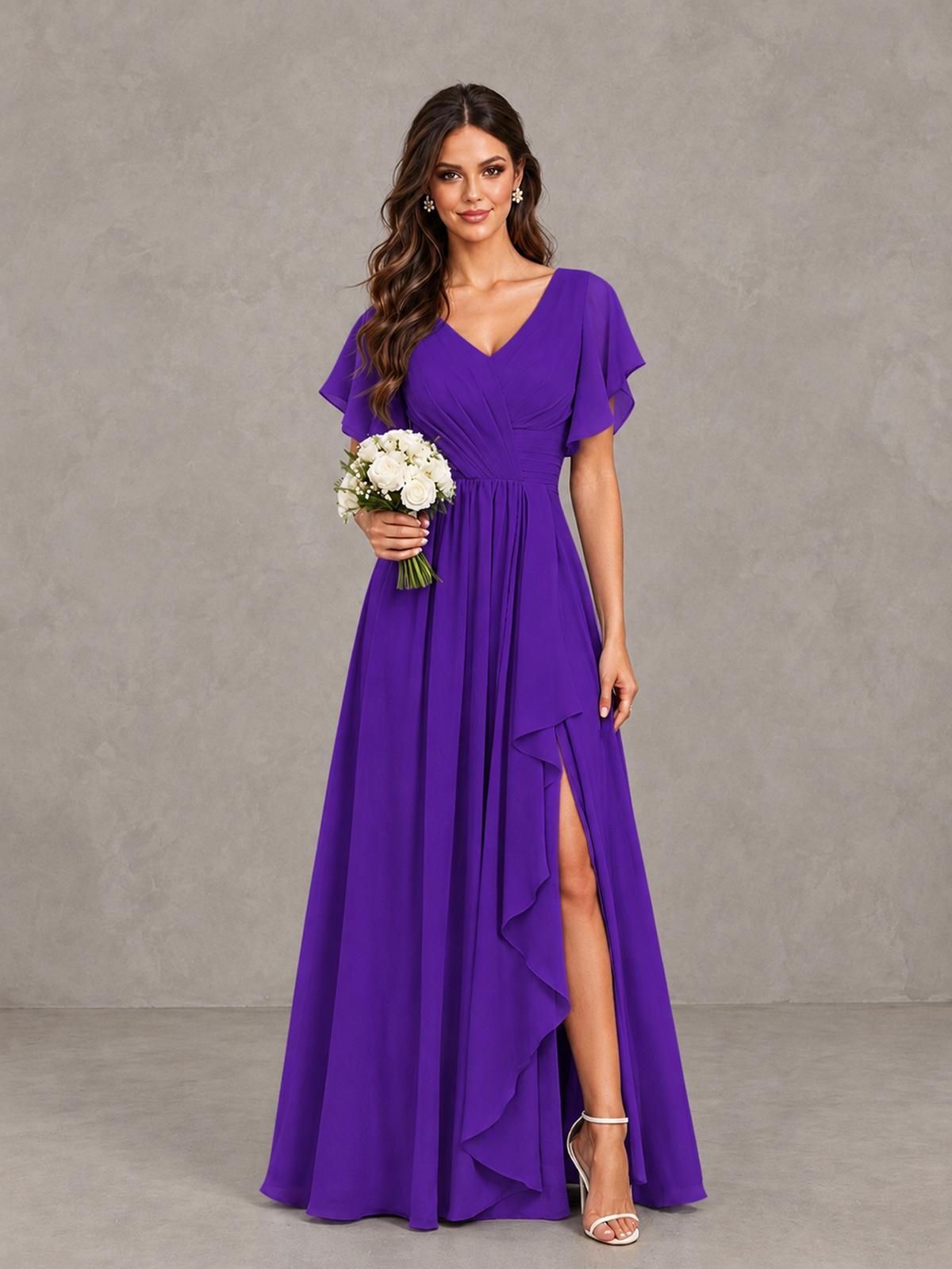 BOLODOO Purple Flutter Sleeve V-Neck Bridesmaid Dress with Ruffle Slit - Purple - Purple_1