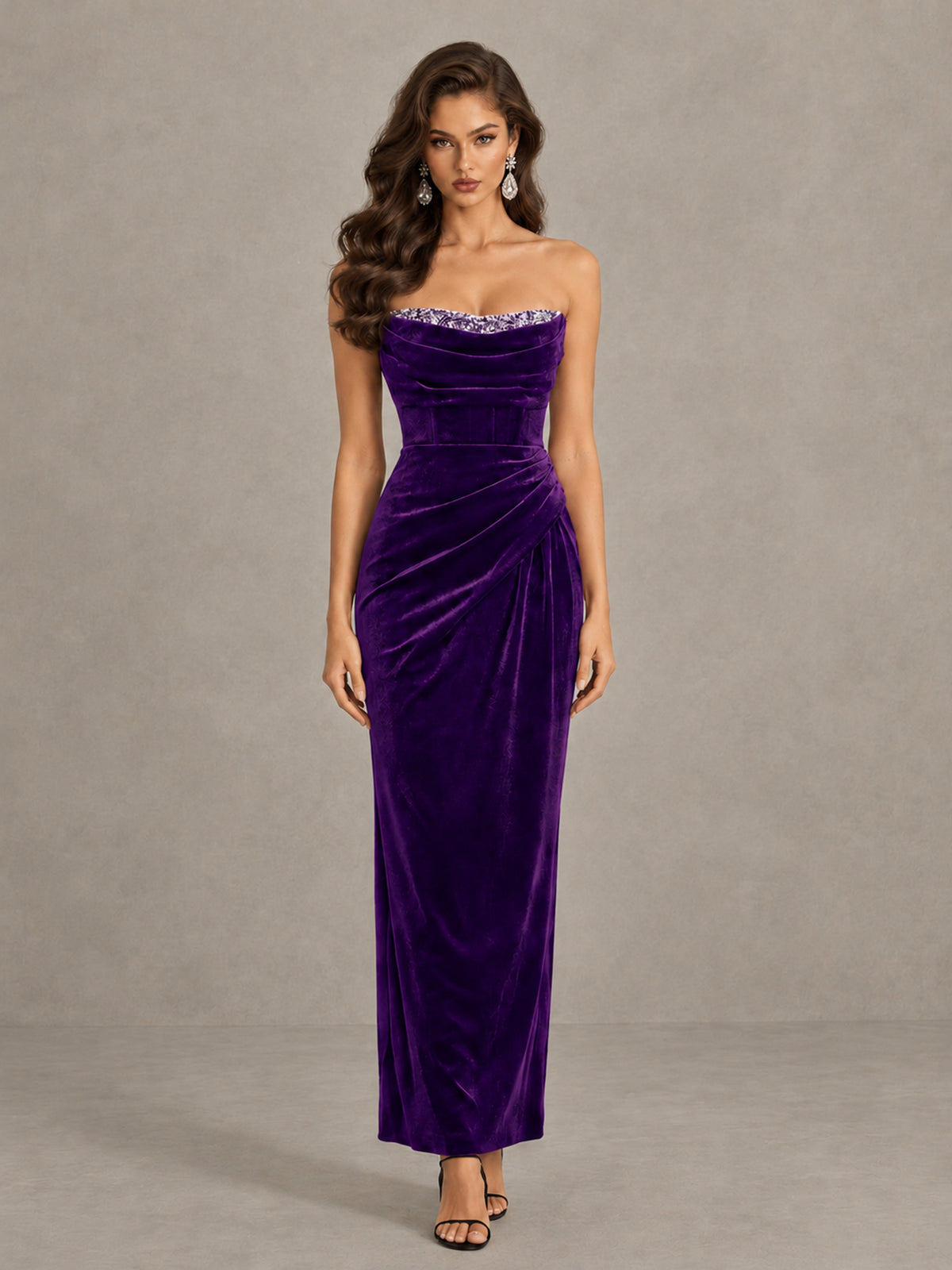 BOLODOO Purple Strapless Velvet Cocktail Maxi Dress - Purple - Purple_1