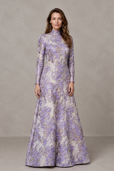 BOLODOO Purple Floral Jacquard Long Sleeve Evening Gown - Purple