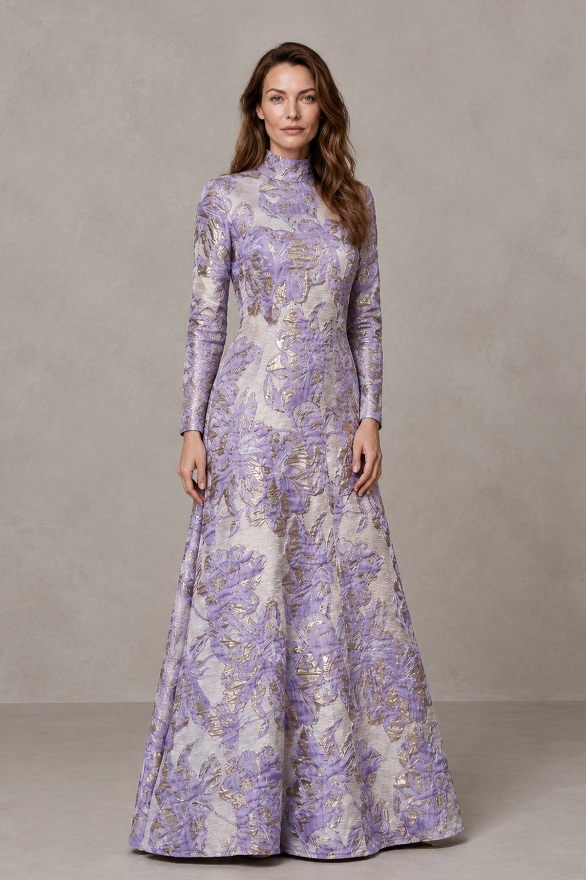 BOLODOO Purple Floral Jacquard Long Sleeve Evening Gown - Purple
