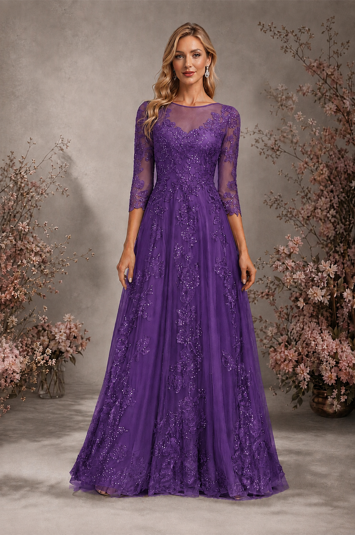 BOLODOO Purple Sequin Lace 3/4 Sleeve Open Back Formal Evening Gown - Purple