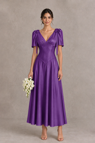 BOLODOO Purple V-Neck Short Sleeve Satin-Look Bridesmaid Dress with Shoulder Bows - Purple - Purple_1