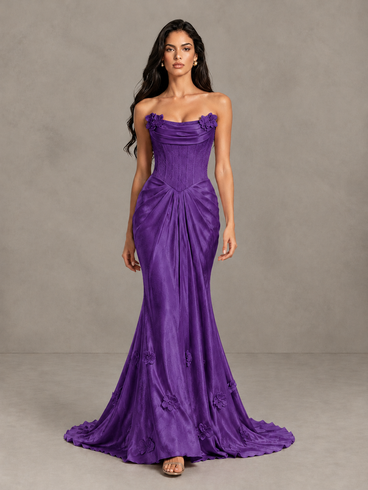 BOLODOO Purple Strapless Floral Corset Evening Gown with Train - Purple - Purple_1