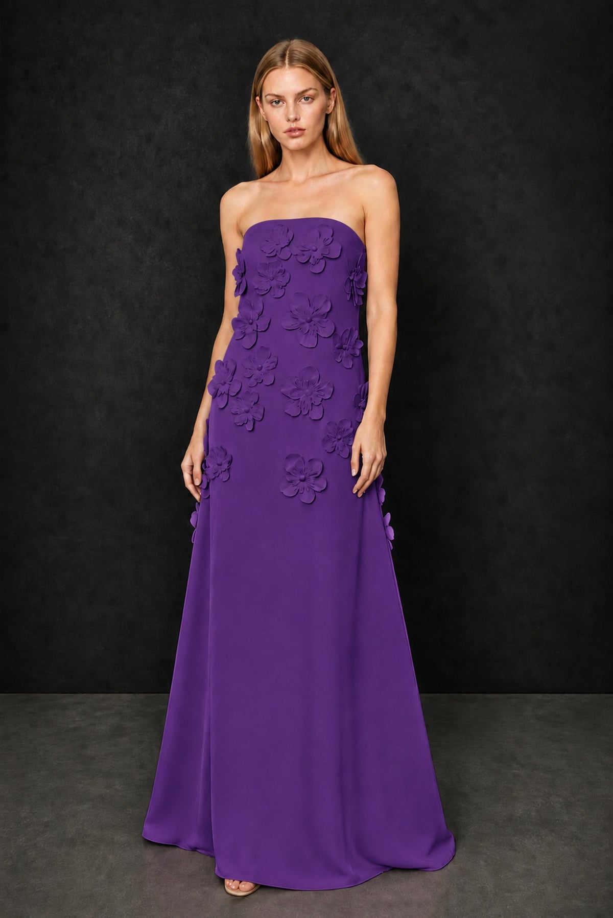 BOLODOO Purple Strapless 3D Floral Appliqué Crepe Maxi Gown - Purple