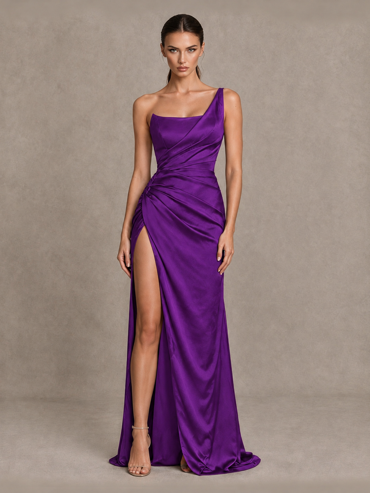 BOLODOO Purple One Shoulder Satin Evening Gown with High Slit and Sweep Train - Purple - Purple_1