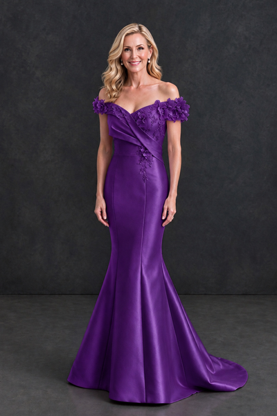 BOLODOO Purple Off-Shoulder Floral Mermaid Mother of the Bride Dress - Purple - Purple_1