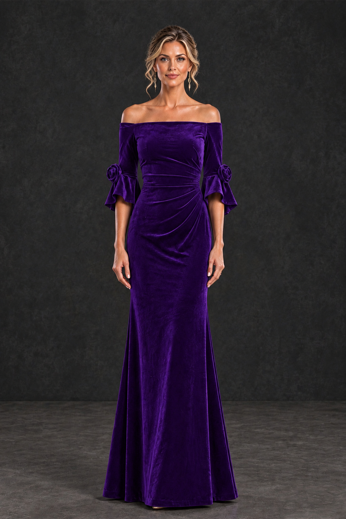 BOLODOO Purple Velvet Off-Shoulder Mother of the Bride Dress – 3/4 Floral Cuff Sleeve Mermaid Evening Gown - Purple - Purple_1