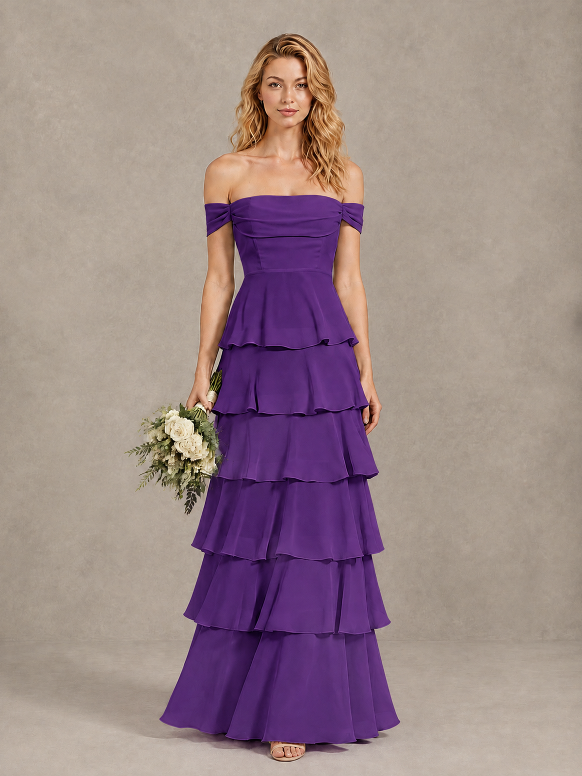 BOLODOO Purple Off-Shoulder Tiered Ruffle Bridesmaid Dress with Lace-Up Back - Purple - Purple_1