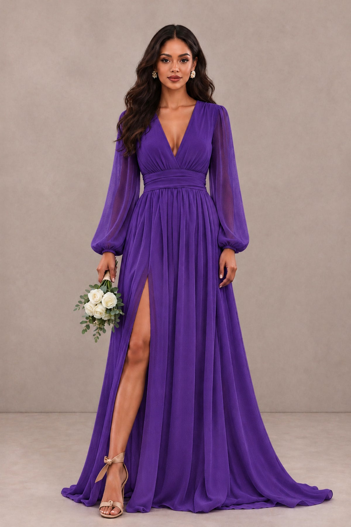 BOLODOO Purple Long Sleeve V-Neck A-Line Gown with Open Back & Slit - Purple - Purple_1