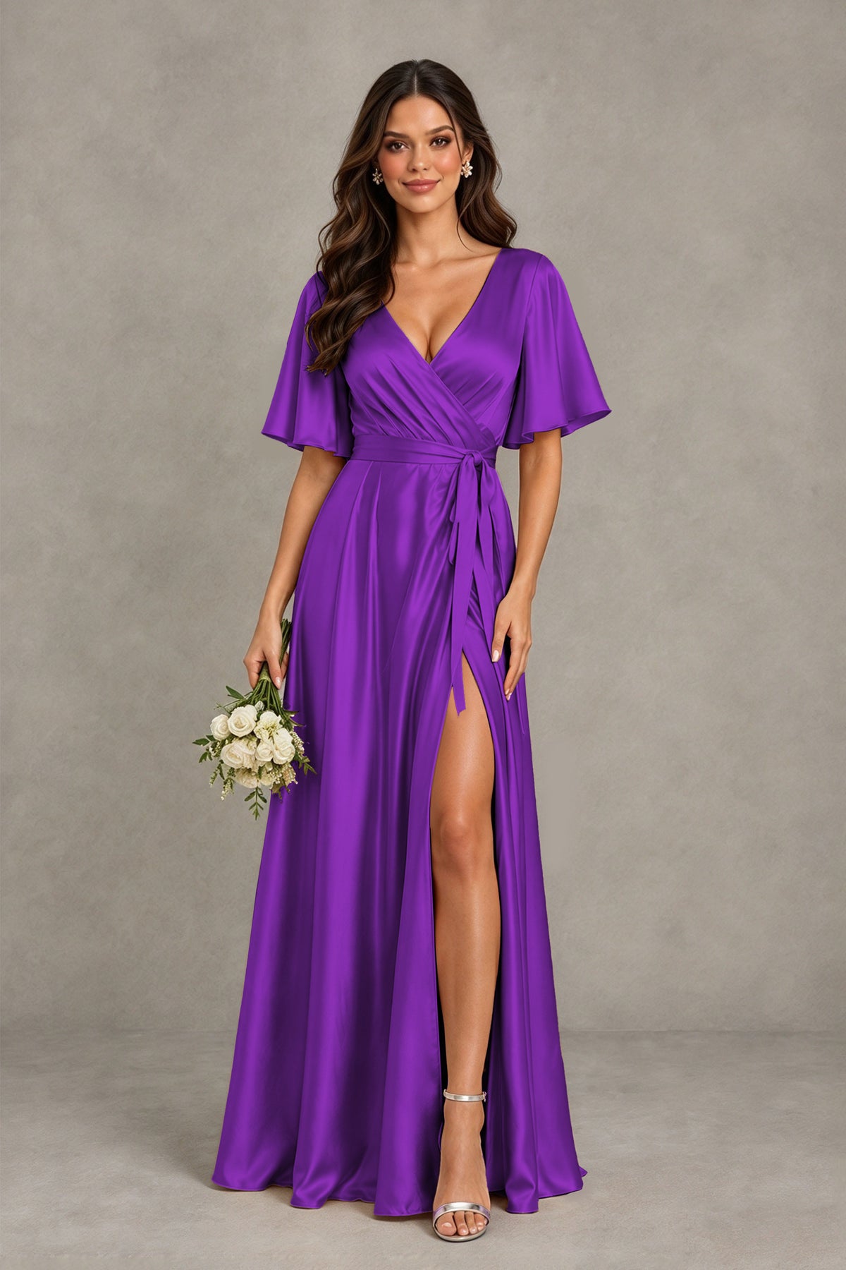 BOLODOO Purple Satin V-Neck Flutter Sleeve Bridesmaid Dress with Slit - Purple - Purple(1)