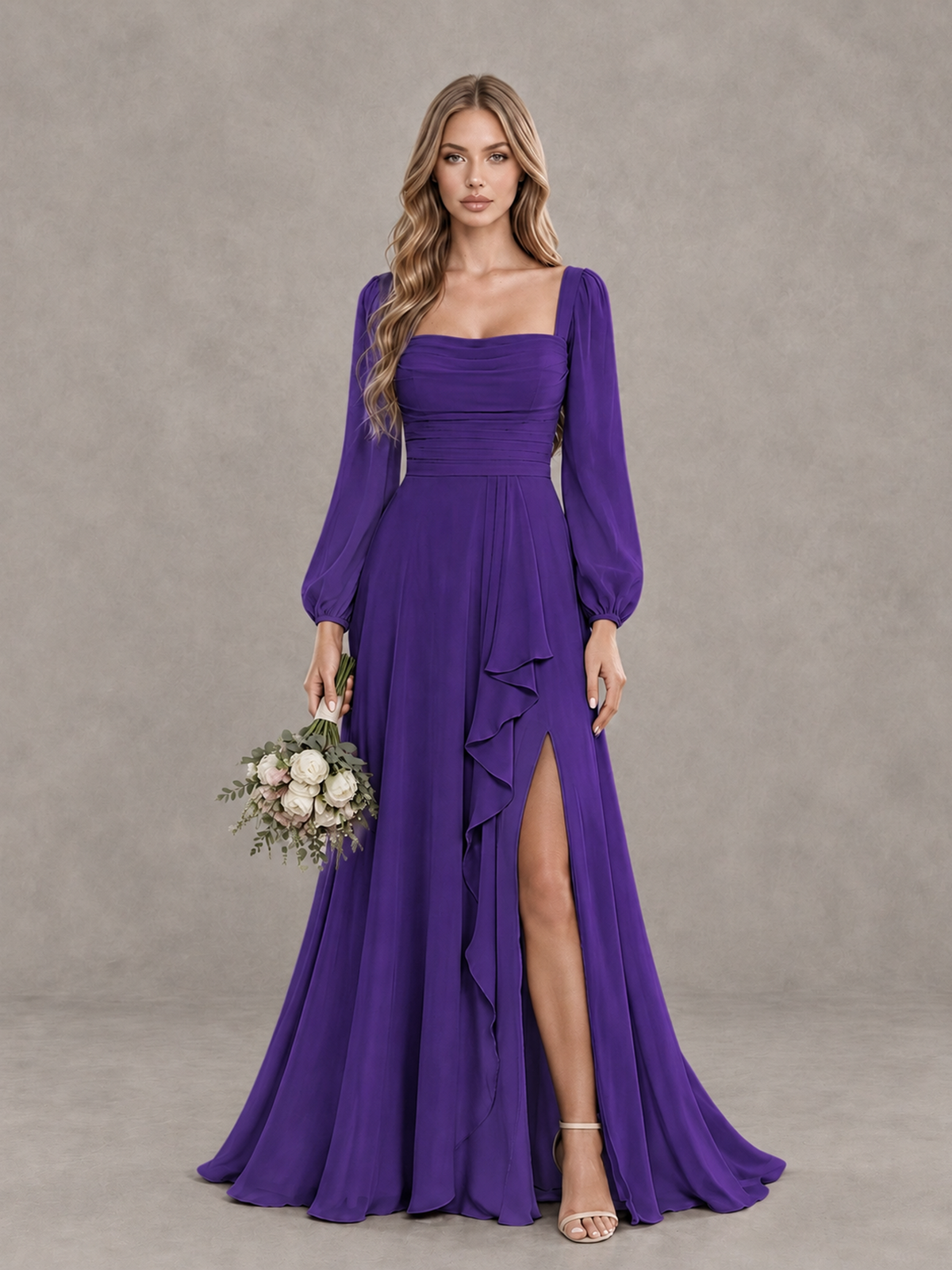 BOLODOO Purple Square Neck Long Sleeve Bridesmaid Dress with Ruffle Slit - Purple - Purple_1
