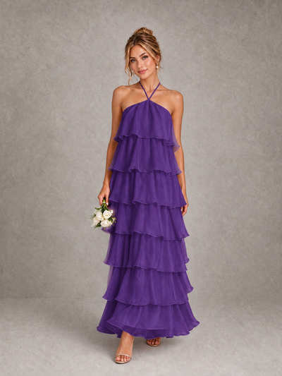 BOLODOO Purple Halter Tiered Ruffle Maxi Bridesmaid Dress - Purple - Purple_1
