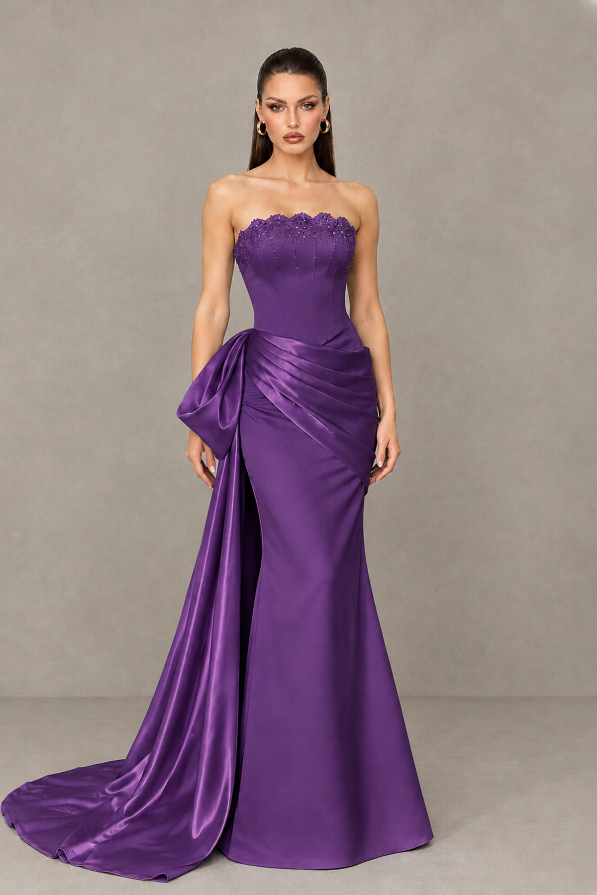 BOLODOO Purple Strapless Satin Prom Dress with Draped Side Train - Purple - Purple_1