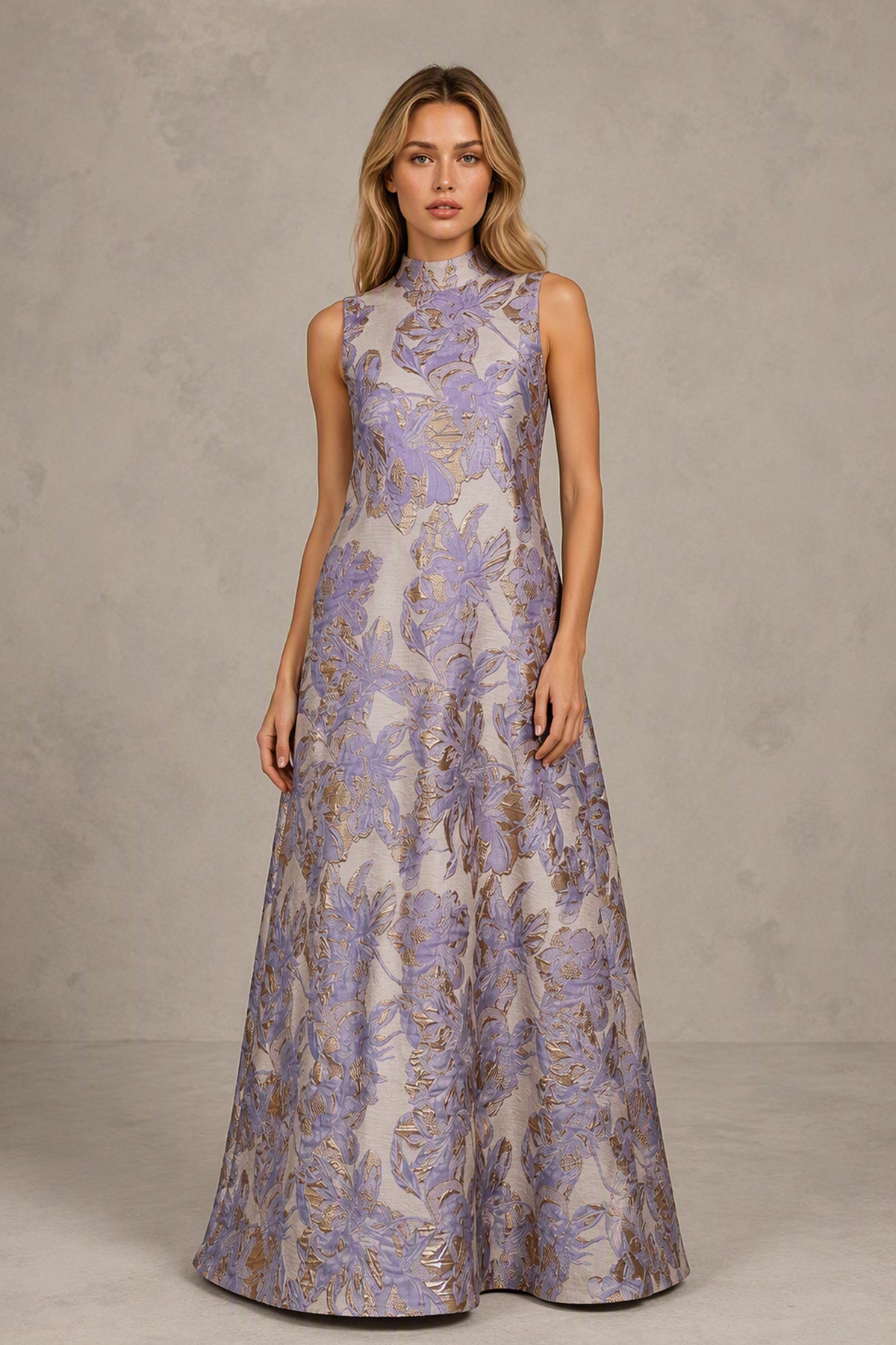 BOLODOO Purple Jacquard High Neck Sleeveless A-Line Maxi Dress – Wedding Guest & Formal Evening Gown - Purple