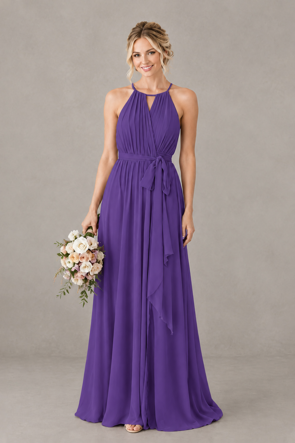 BOLODOO Purple Halter Chiffon Bridesmaid Dress with High Slit - Purple