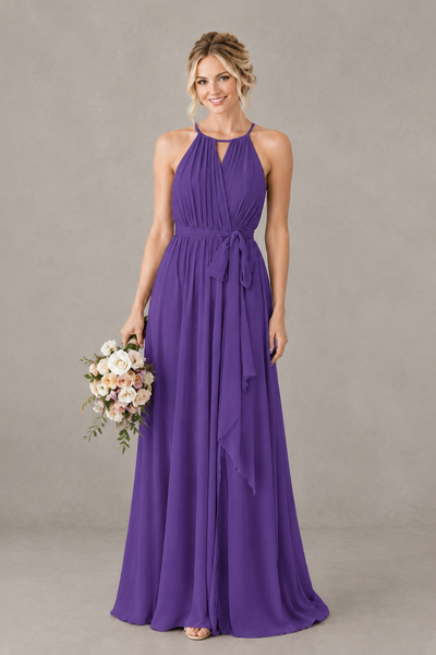 BOLODOO Purple Halter Chiffon Bridesmaid Dress with High Slit - Purple