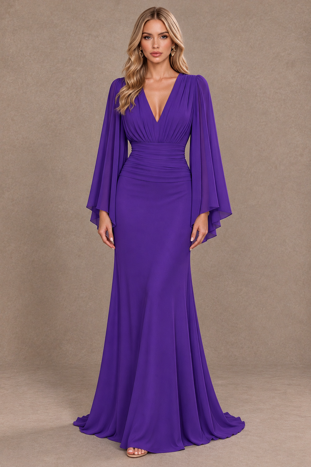 BOLODOO Purple Cape Sleeve V-Neck Ruched Chiffon Evening Dress - Purple - Purple_1