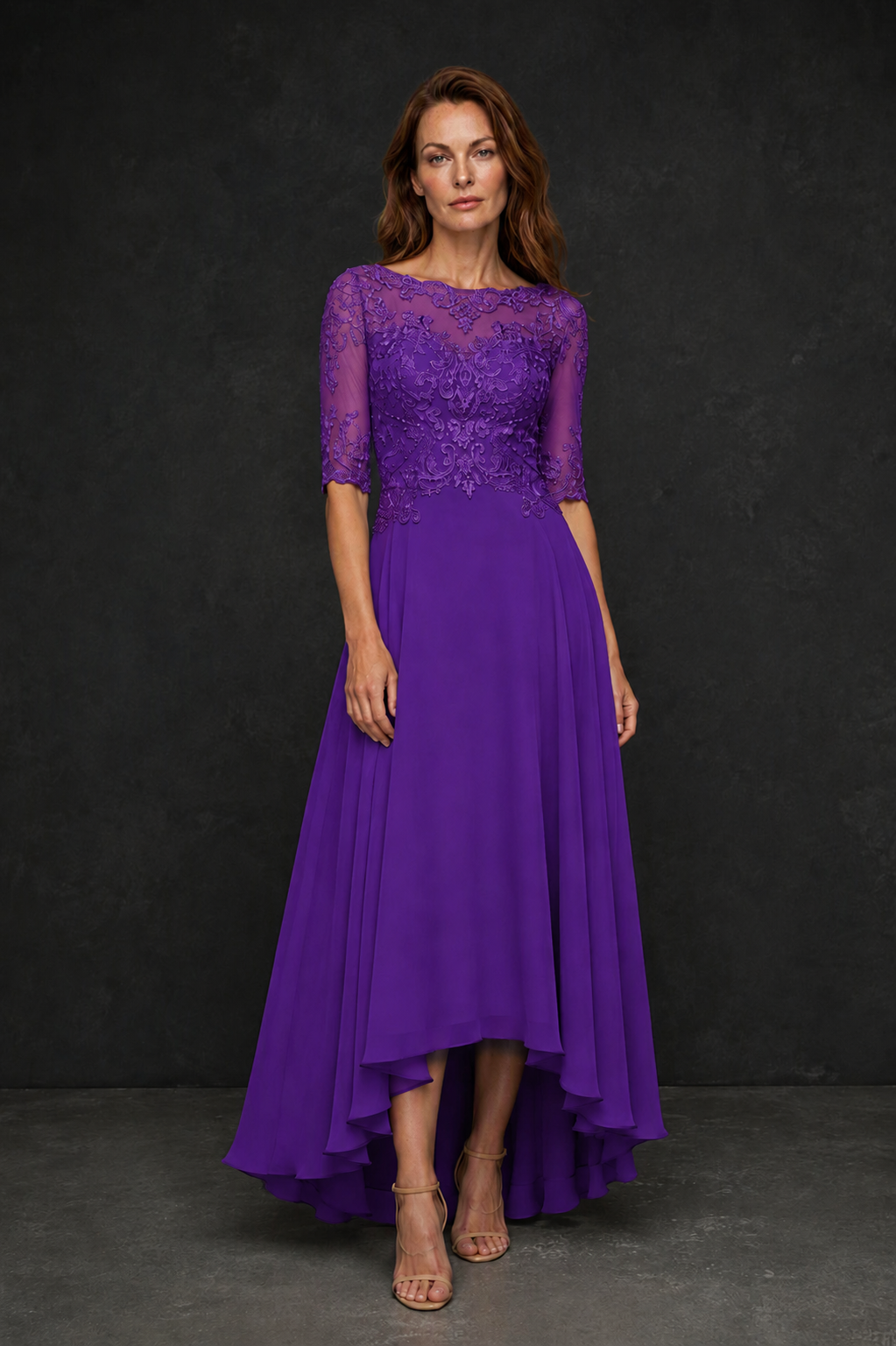 BOLODOO Purple Illusion Lace 3/4 Sleeve Hi-Lo Chiffon A-Line Dress | Mother of the Bride Tea Length Dress - Purple