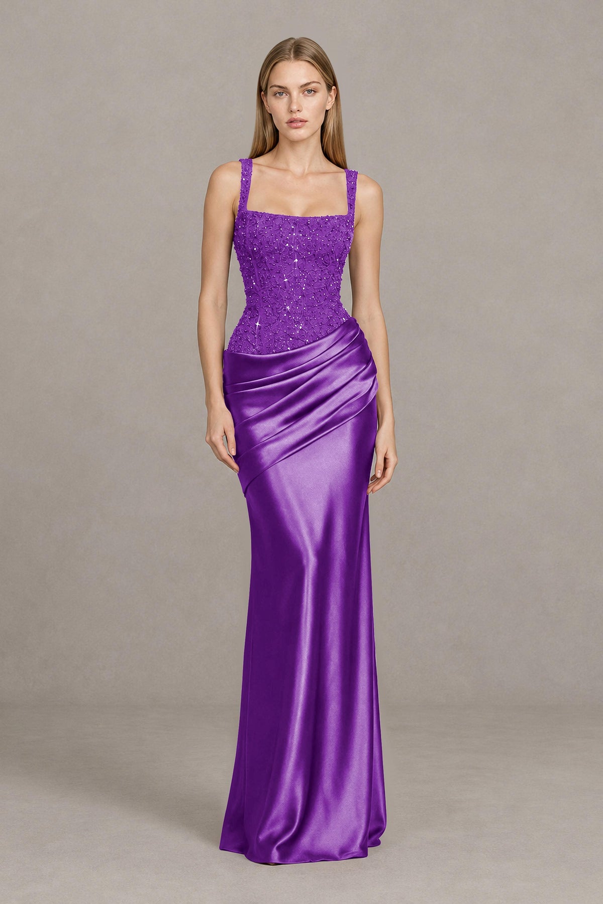 BOLODOO Purple Square Neck Embellished Satin Evening Gown - Purple