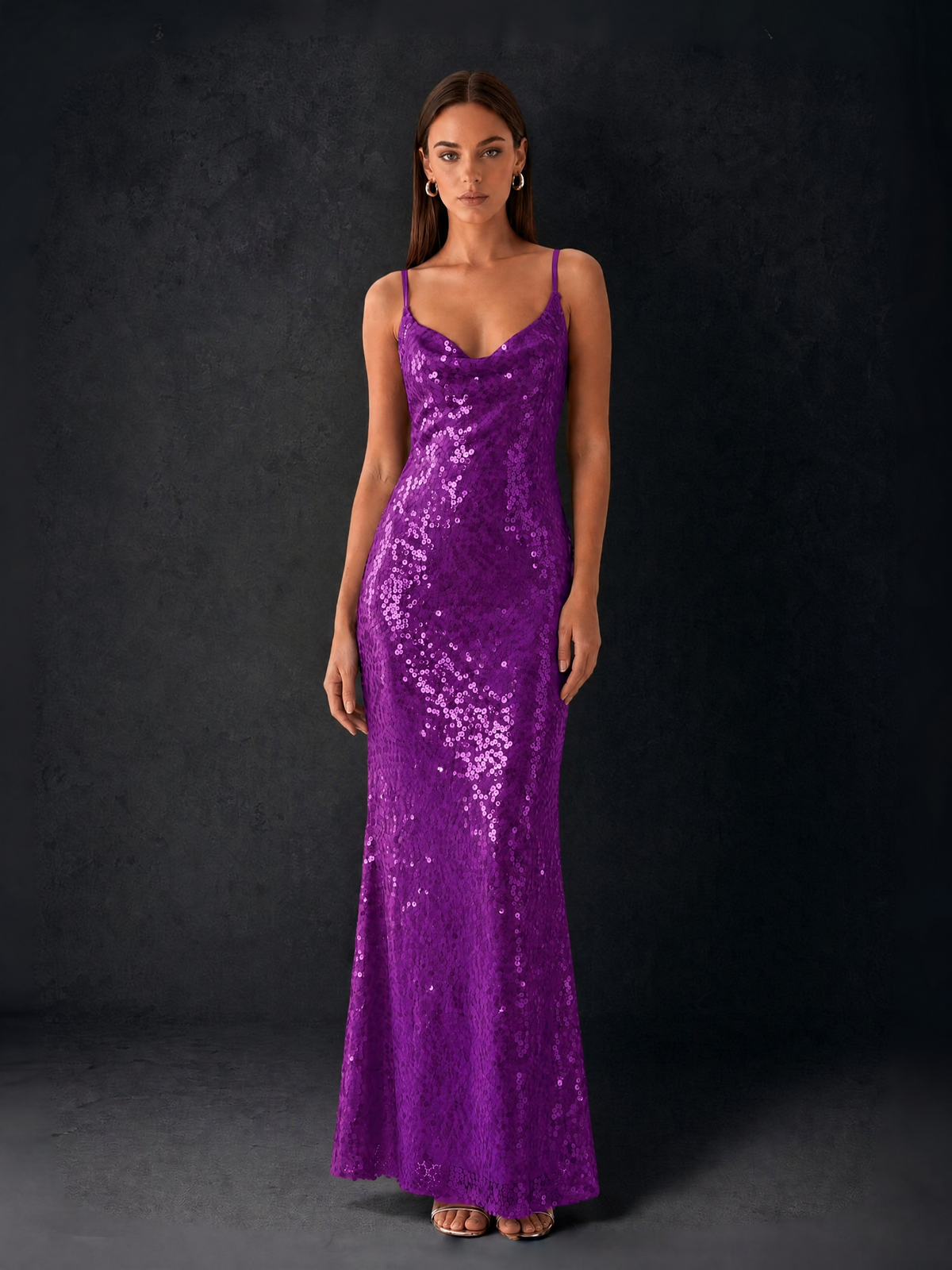 BOLODOO Bronze Sequin Cowl Neck Spaghetti Strap Mermaid Maxi Dress with Open Criss-Cross Back - Purple - Purple