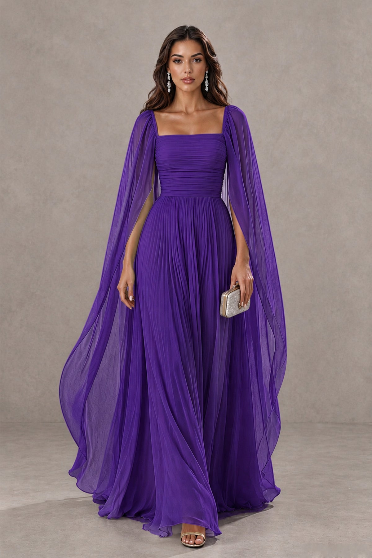 BOLODOO Purple Square Neck Cape Sleeve A-Line Evening Dress - Purple - Purple_1