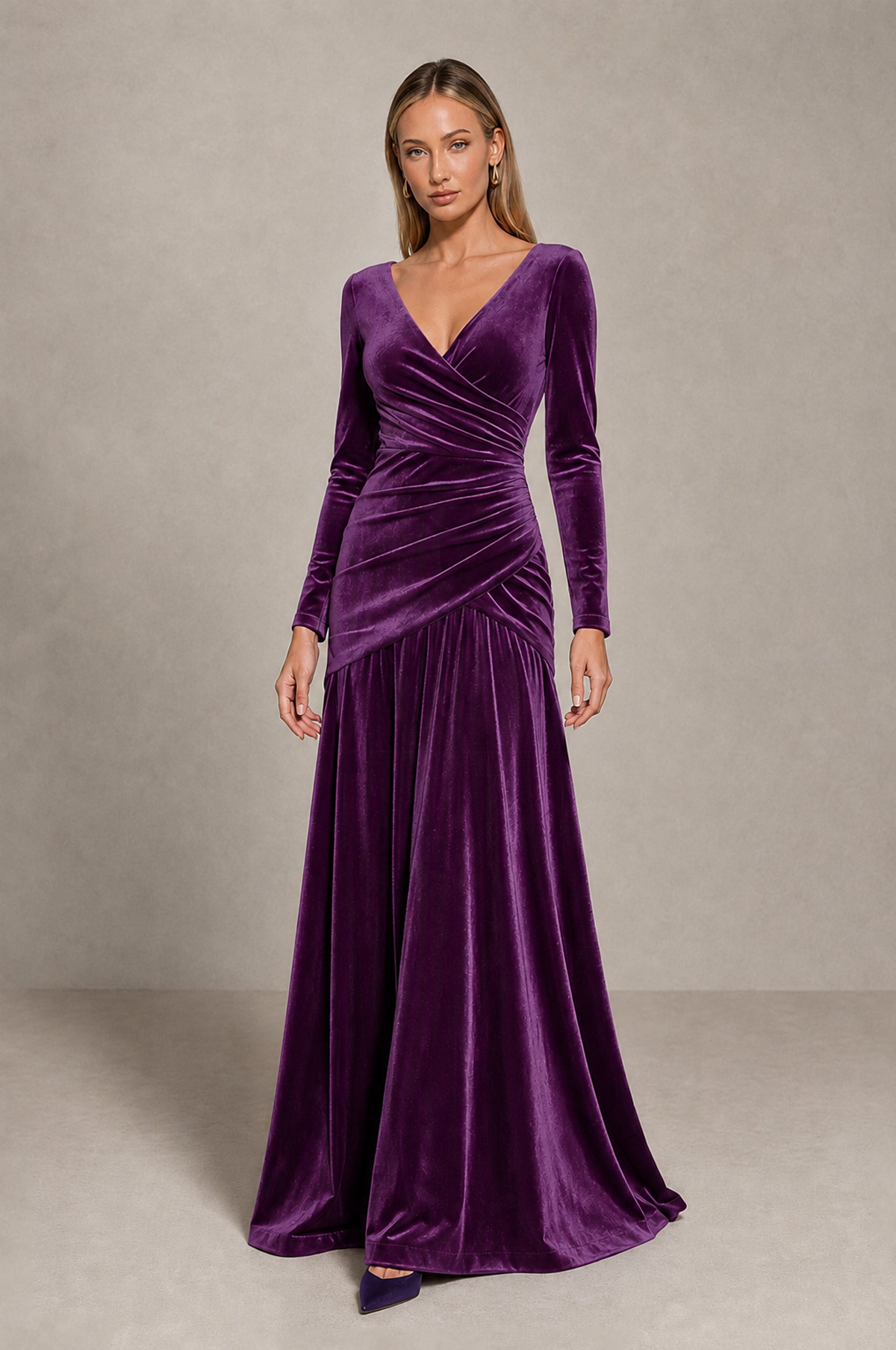 BOLODOO Purple Velvet Long Sleeve V-Neck Ruched Evening Dress - Purple - Purple_1