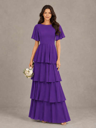 BOLODOO Purple Tiered Flutter Sleeve Bridesmaid Dress - Purple - Purple_1