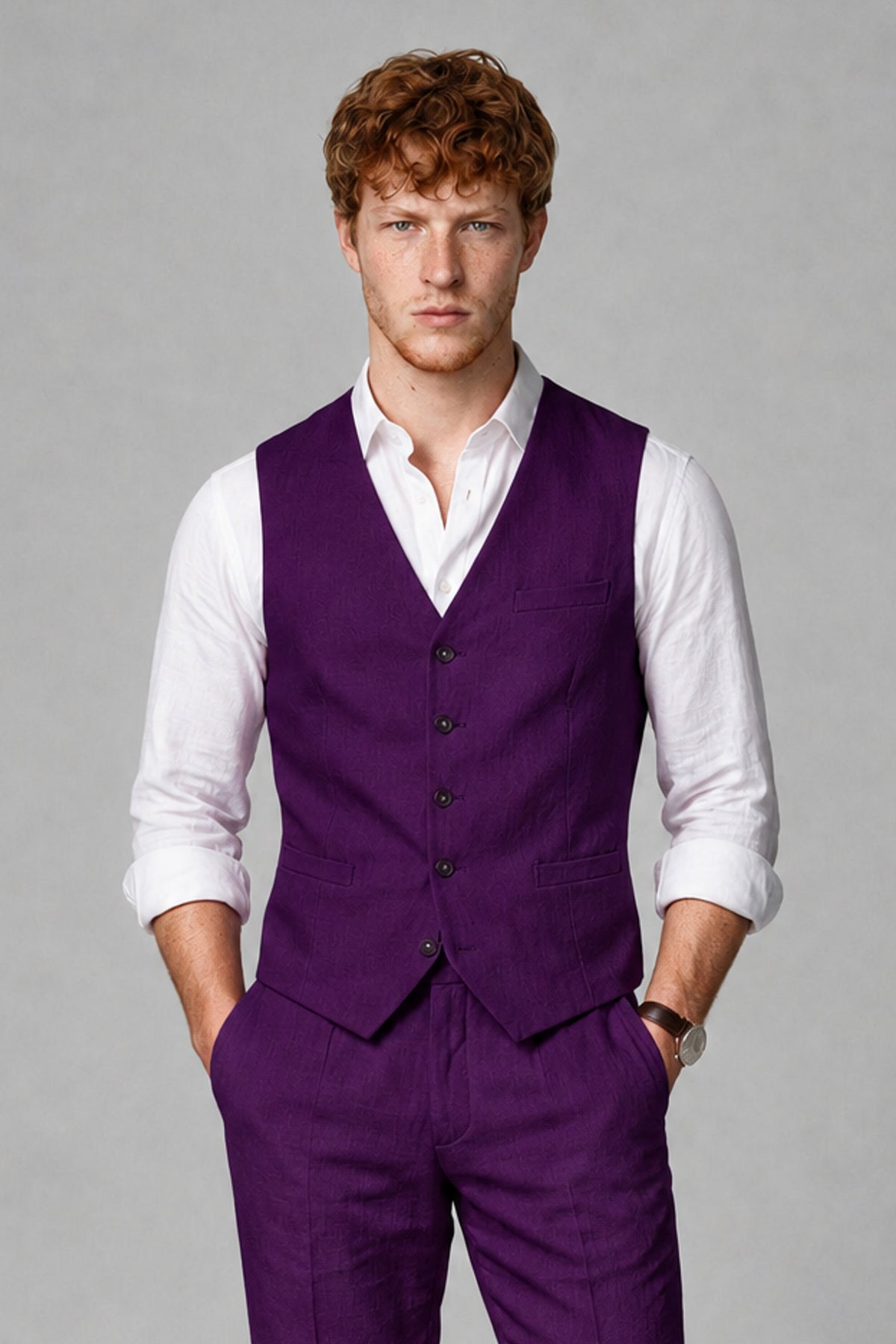 Bolodoo Men's Purple 2-Piece Vest and Pants Set with V-Neck Waistcoat - Purple - Purple_1