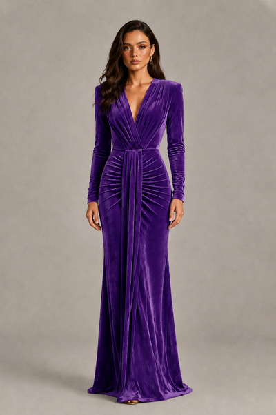 BOLODOO Purple Velvet Long Sleeve V-Neck Ruched Evening Gown - Purple
