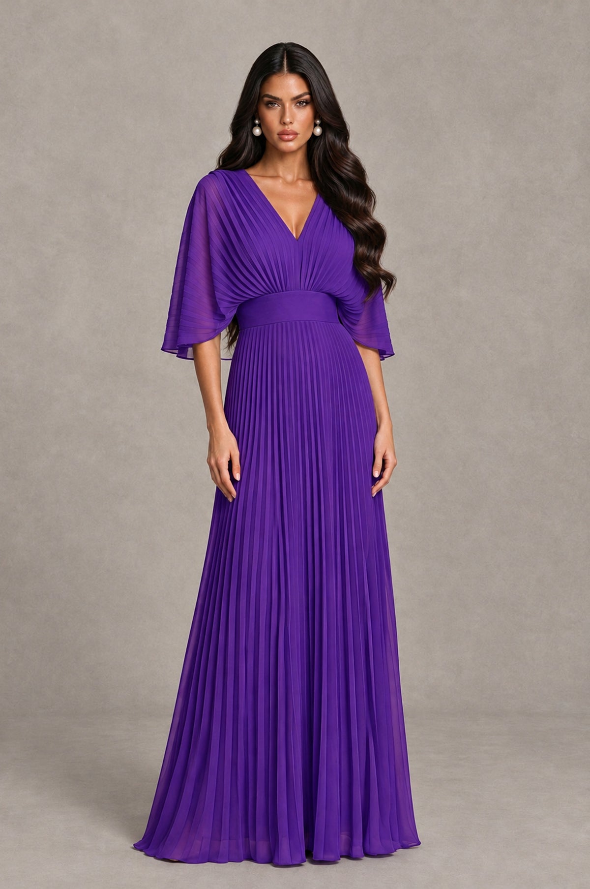 BOLODOO Purple V-Neck Pleated Flutter Sleeve Formal Dress - Purple - Purple_1