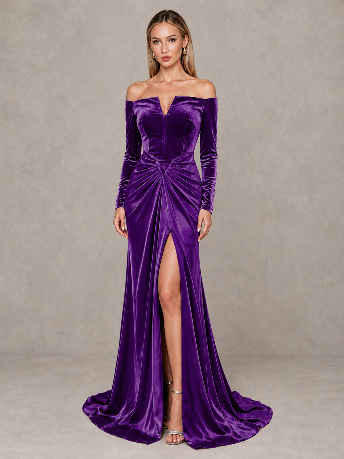 BOLODOO Purple Off-Shoulder Velvet Evening Gown with High Slit - Purple - Purple_1