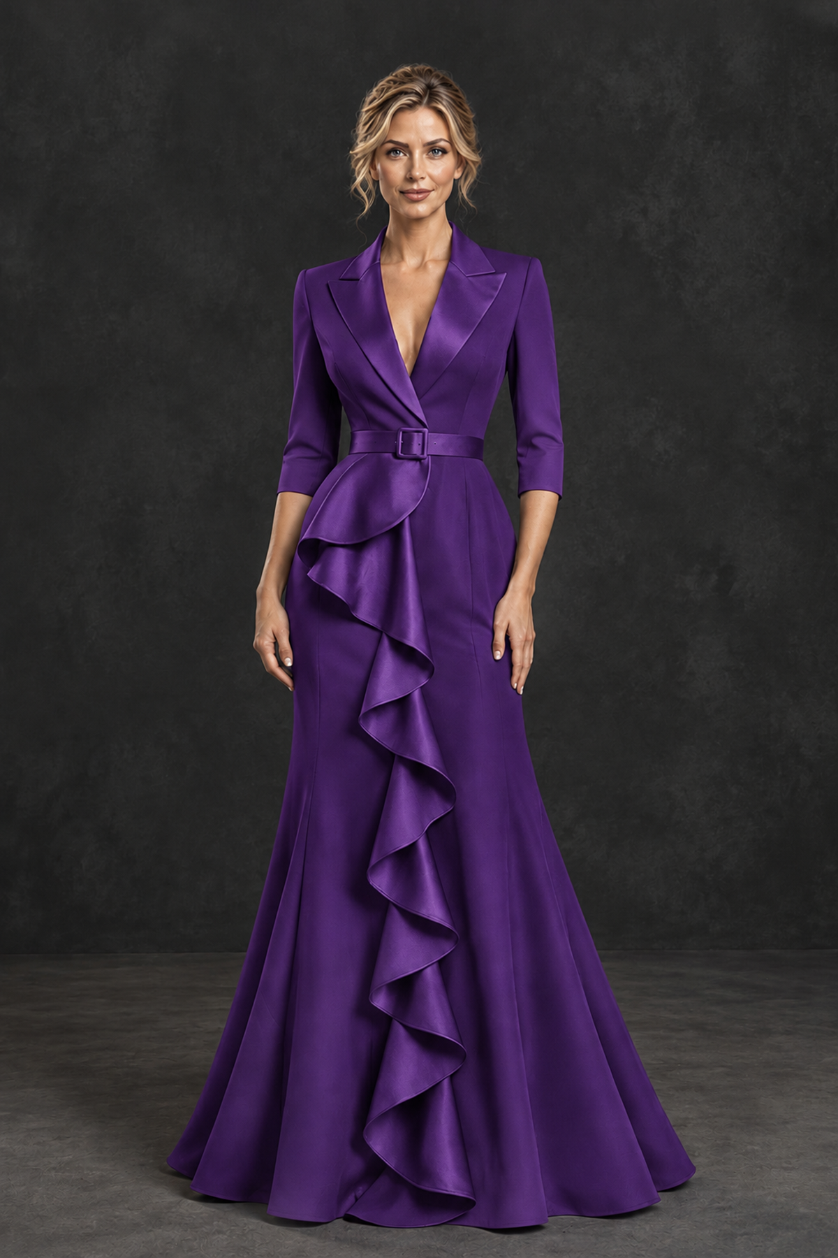 BOLODOO Purple Lapel Ruffle Mother of the Bride Dress with Belt - Purple - Purple_1