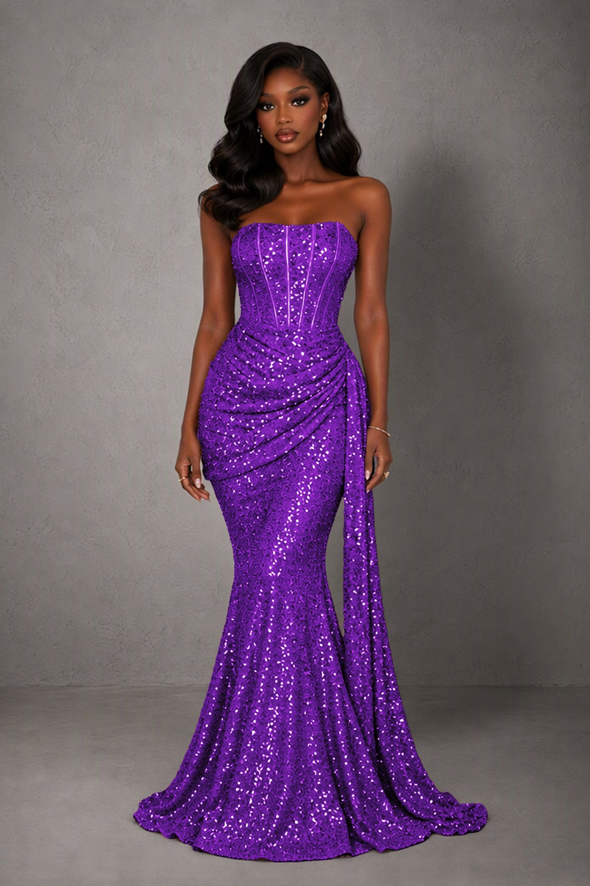 BOLODOO Purple Sequin Strapless Corset Mermaid Evening Gown with Train - Purple