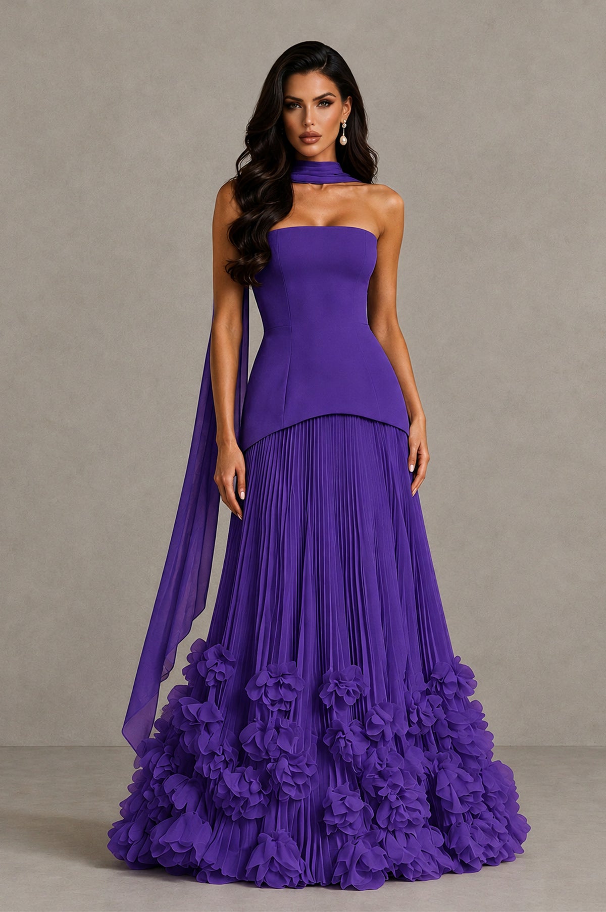 BOLODOO Purple Strapless Pleated Floral Hem Evening Gown - Purple - Purple_1