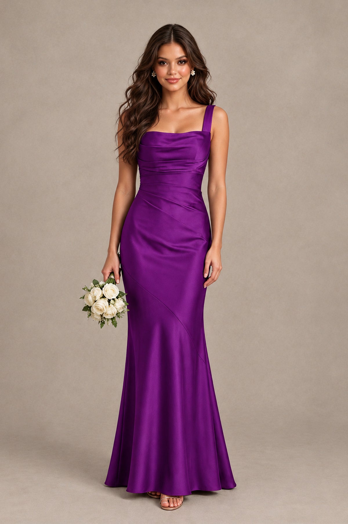 BOLODOO Purple Square Neck Ruched Satin Lace-Up Bridesmaid Dress - Purple - Purple_1