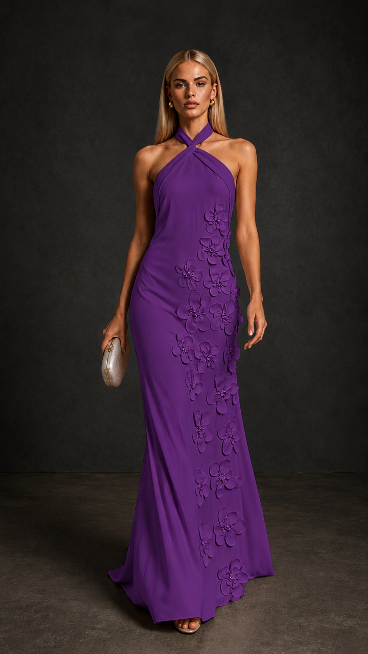 BOLODOO Purple Cross Halter Neck 3D Floral Appliqué Backless Mermaid Maxi Gown - Purple