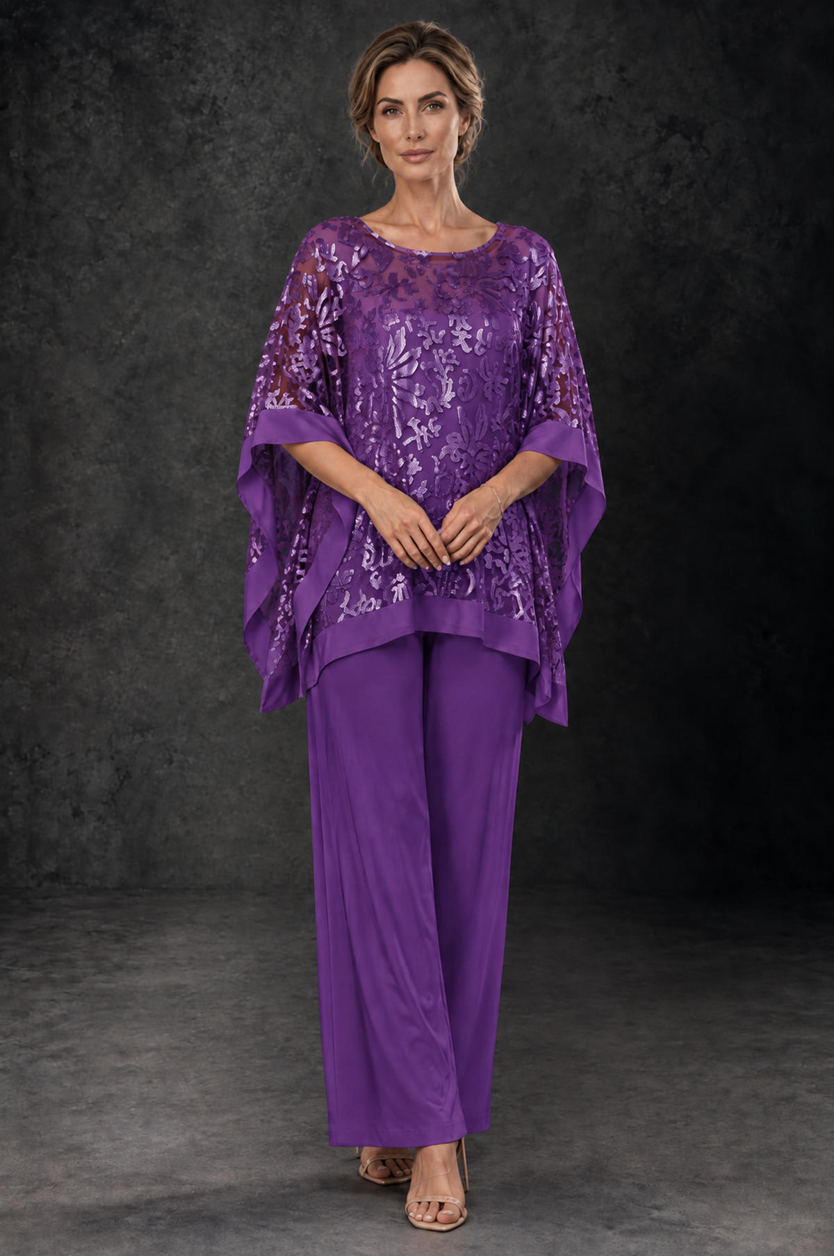 BOLODOO Purple Floral Cape Mother of the Bride Pant Suit - Purple - Purple_1