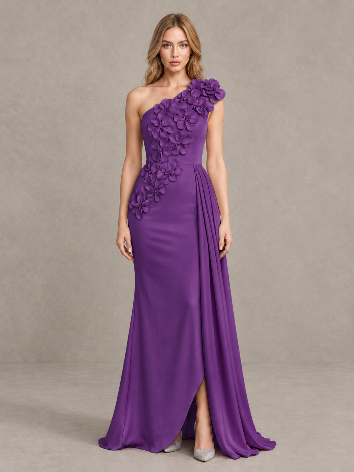 BOLODOO Purple One-Shoulder Satin Mermaid Evening Gown with 3D Floral Appliqué - Purple - Purple_1