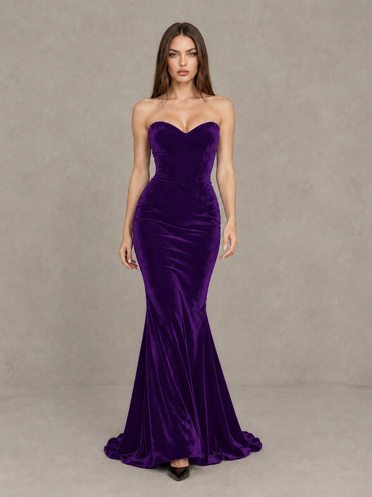 BOLODOO Purple Strapless Sweetheart Velvet-Look Mermaid Evening Dress - Purple - Purple_1