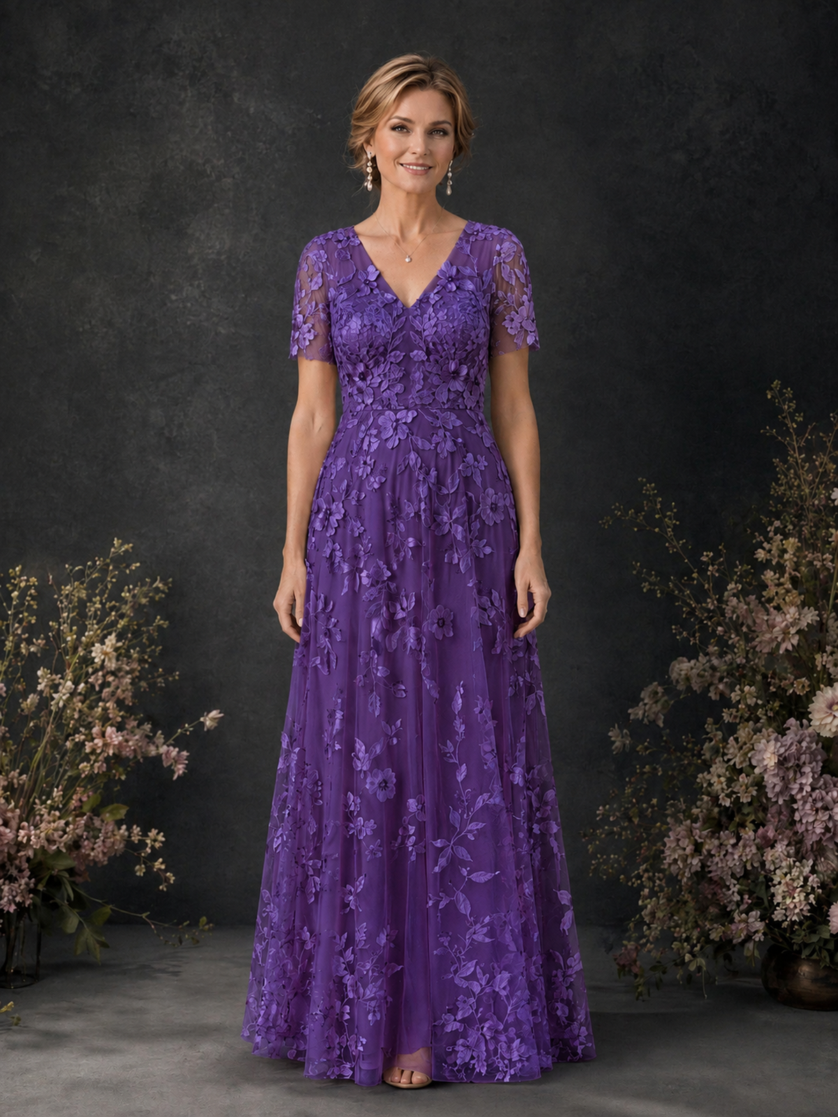 BOLODOO Purple 3D Floral Embroidered Lace V-Neck Short Sleeve A-Line Maxi Dress - Purple