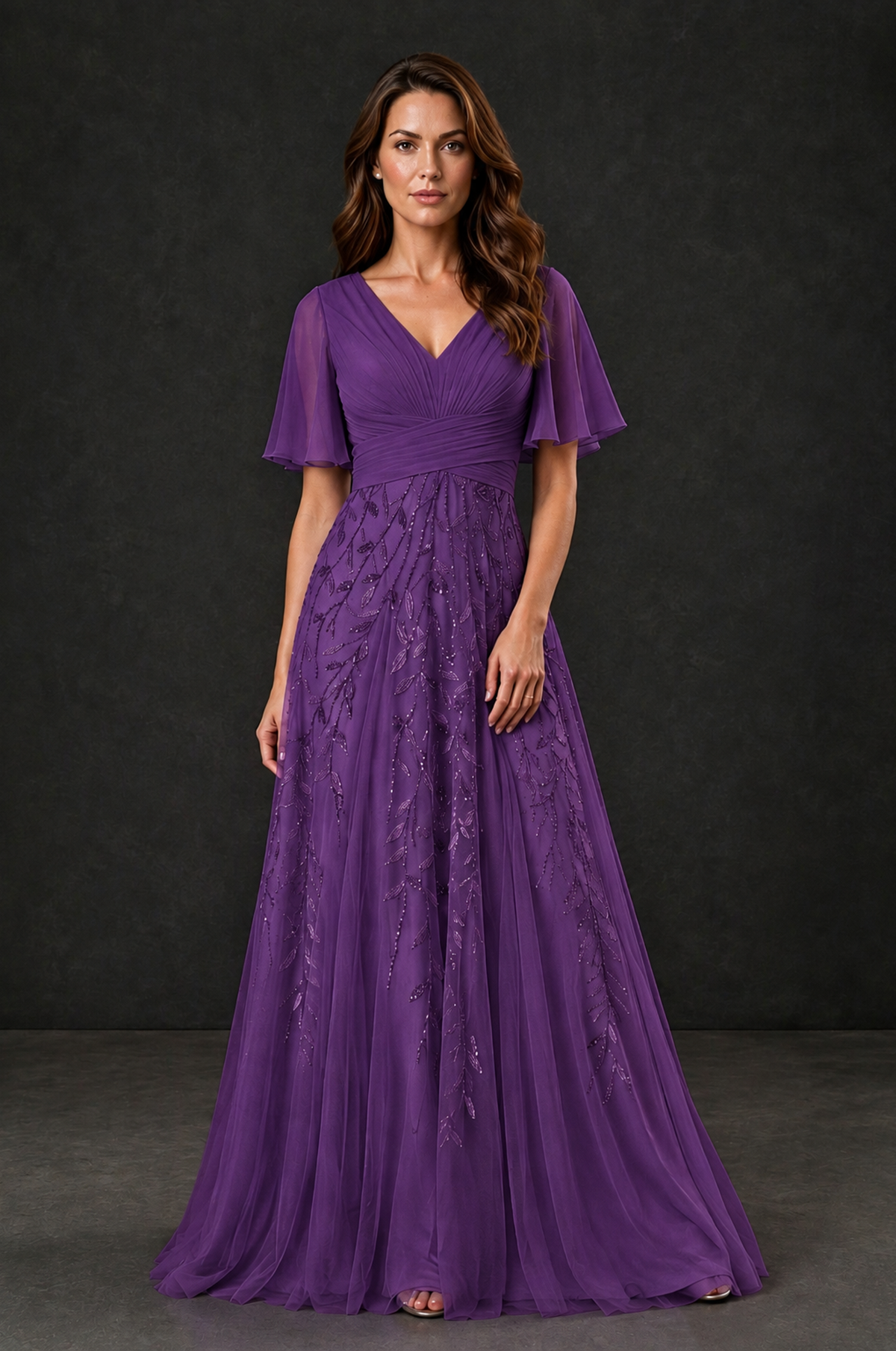 BOLODOO Purple V-Neck Flutter Sleeve Beaded Botanical Tulle A-Line Gown | Mother of the Bride Evening Dress - Purple - Purple_1