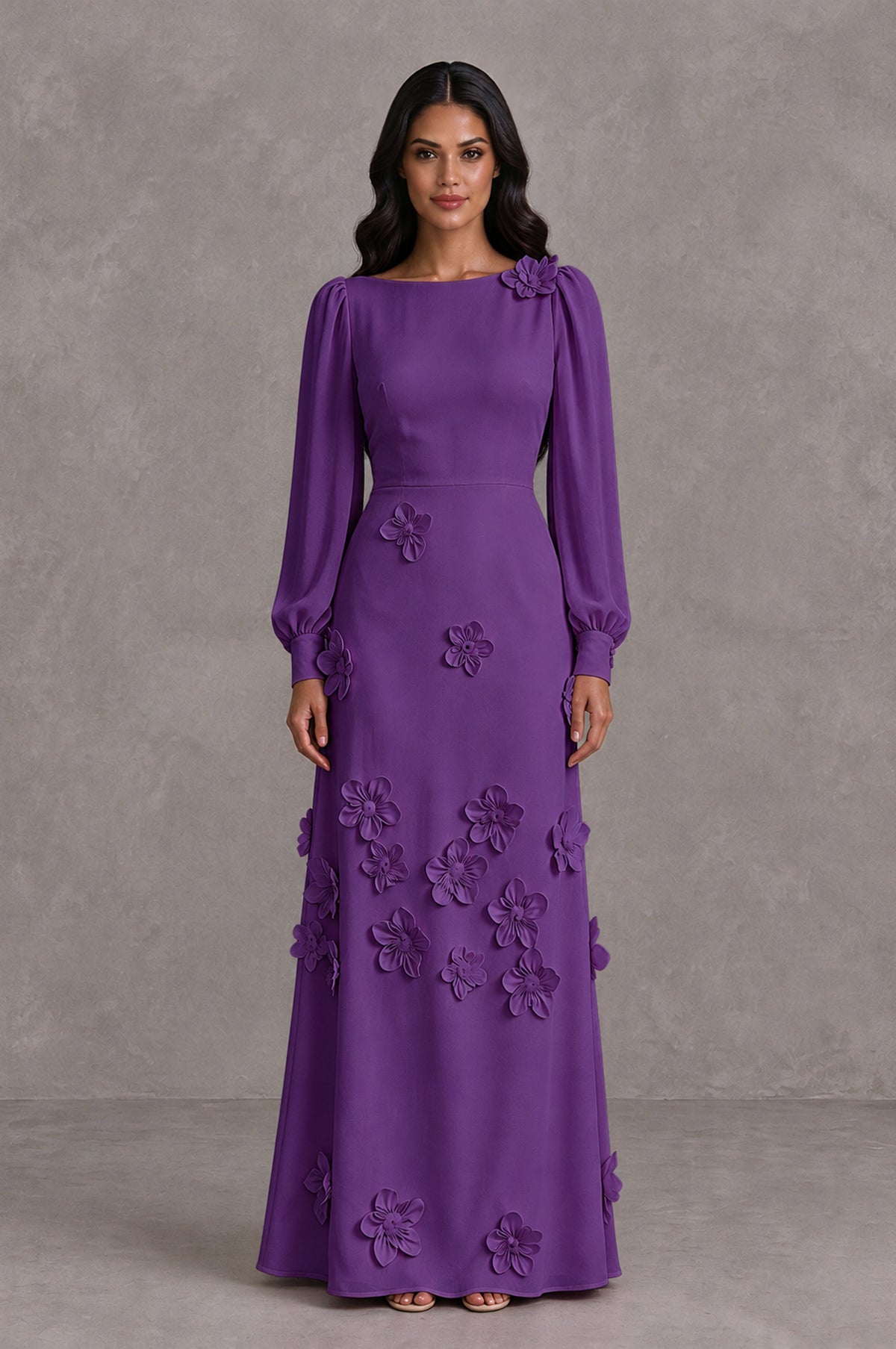 BOLODOO Purple Long Sleeve Floral Applique A-Line Evening Dress - Purple - Purple_1