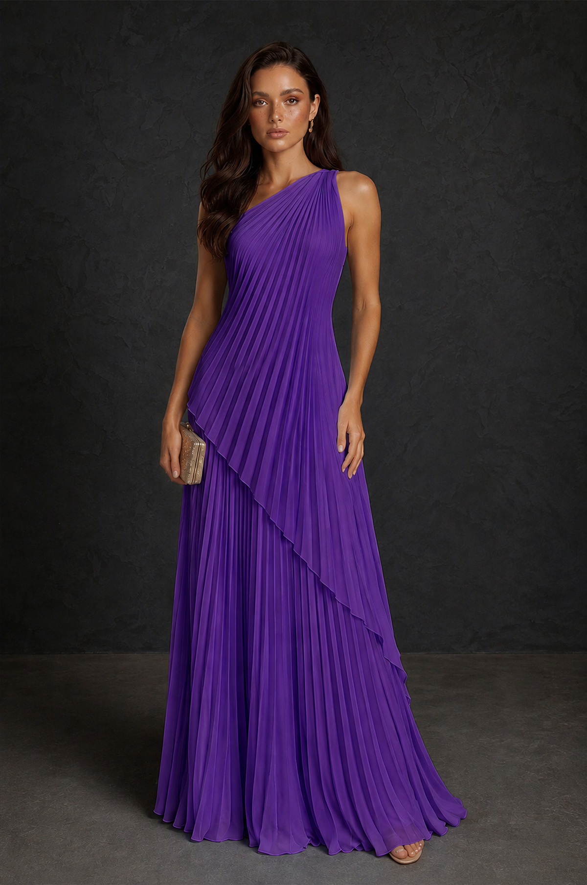BOLODOO Purple One-Shoulder Sunburst Pleated Asymmetric Layered Overlay Accordion Pleated Chiffon Maxi Dress - Purple