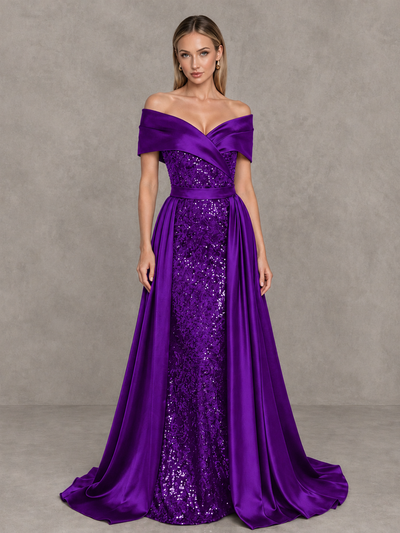 BOLODOO Purple Sequin Mermaid Evening Dress with Detachable Satin Overskirt and Sweep Train - Purple - Purple_1